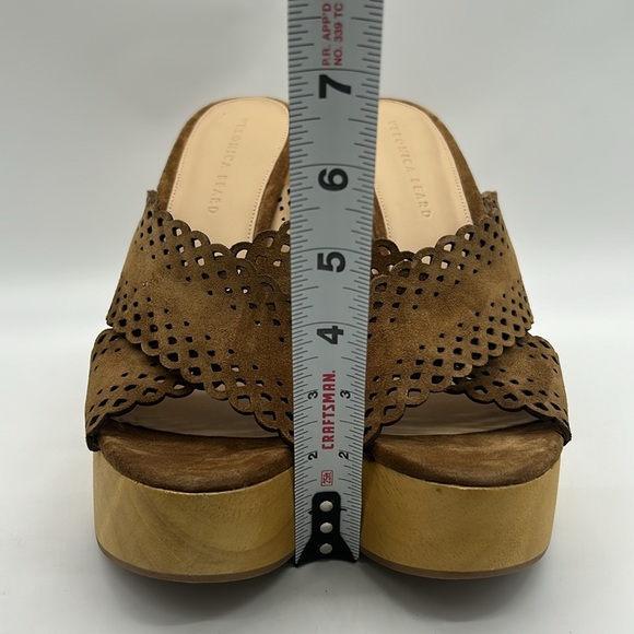 Veronica Beard Gaynor Platform Mules 10 Brown Suede Laser Cut Wooden Heel NWB - Picture 6 of 10